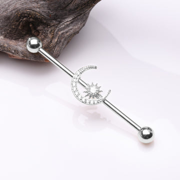 Detail View 1 of Sparkle Moon and Starburst Industrial Barbell-Clear Gem